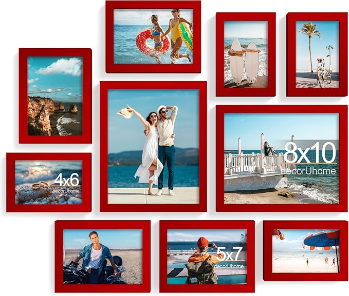 decorUhome 10 Pack Assorted Picture Frame Set for Wall & Tabletop, P0710RD | Red, Multi Size Picture Frame Includes Two 8x10 / Four 5x7 / Four 4x6 for Family Gallery Wall