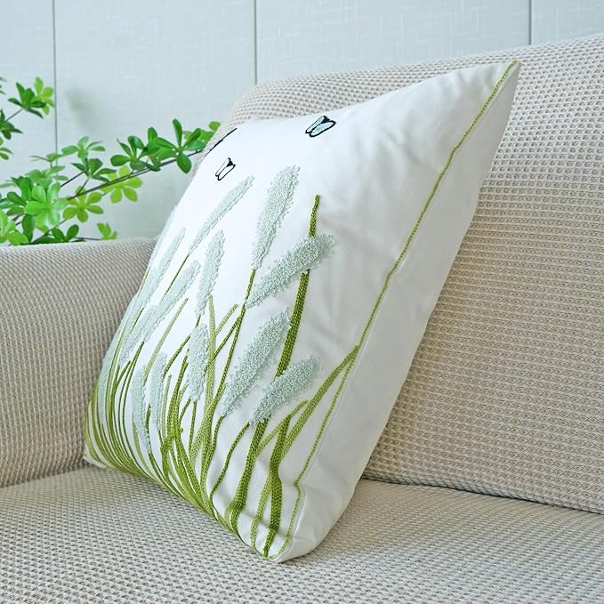 vctops Farmhouse Pampas Grass Cotton Tufted Throw Pillow Cover Boho Embroidery Pillowcase Soft Square Cushion Case for Sofa Couch Bed Chair (Light Green,18"x18")