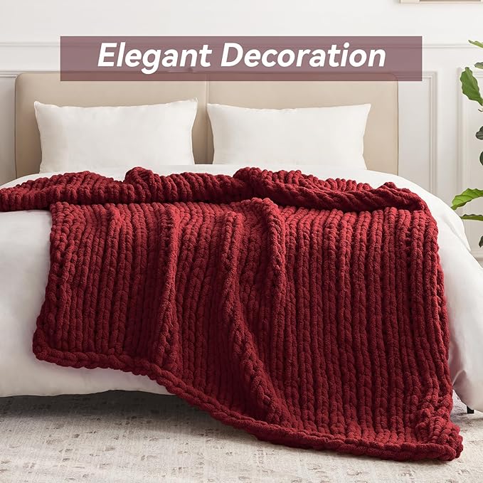 Negwoo Chunky Knit Throw Blanket, Knitted Throw Chenille Yarn, 60"*80" | Soft Thick Cable Knitted Blankets, Handmade Big Thick Blanket, Machine Washable Cute Comfy Blanket for Home Decor, Red