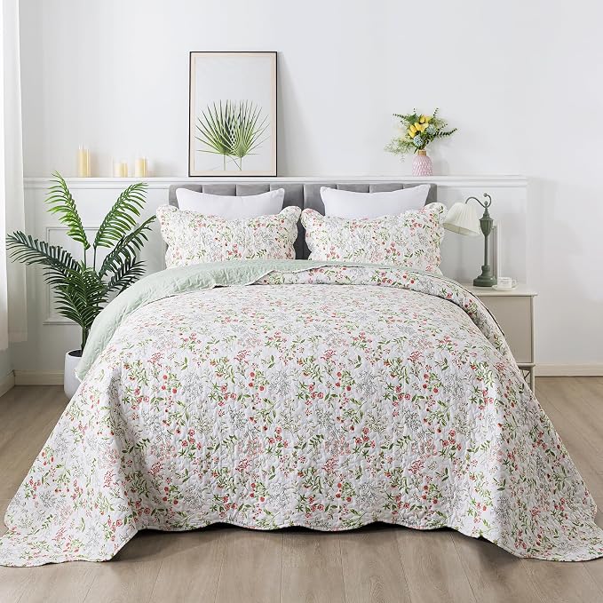 Travan 3-Piece Quilt Set Quilted Bedspread Lightweight Coverlet Set Garden Style Floral Printed Oversized Quilted Bedding Set with Shams for All Season, Flower Sea, King Size