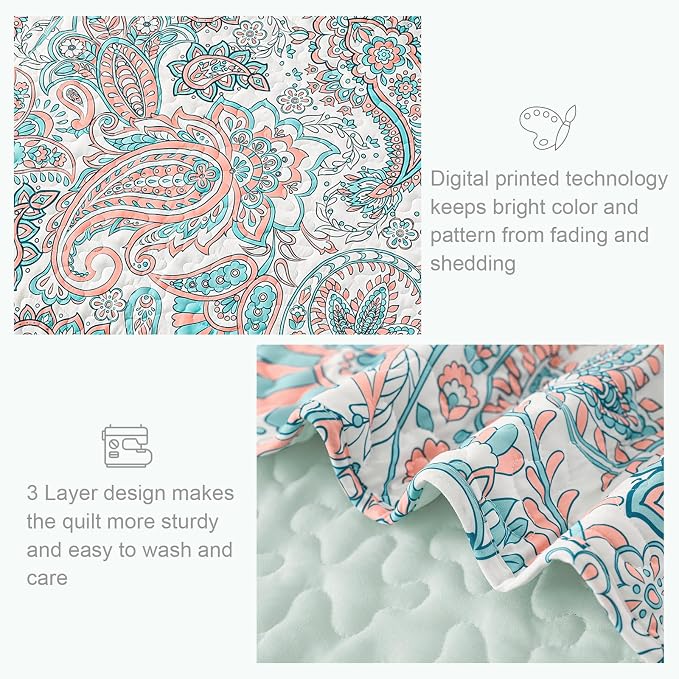 Exclusivo Mezcla Reversible Boho Quilts Queen Size Aqua | Lightweight Soft Bedspreads, All Season Paisley Coverlet Bedding Set, Printed Floral Pattern, 1 Quilt and 2 Pillow Shams