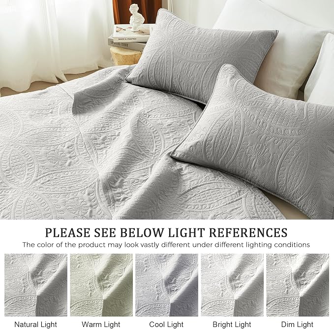 akkialla Quilts Queen Size,Light Grey Ultrasonic Full/Queen Quilt Set,Lightweight Soft Bedspread Coverlet,Modern Style Coin Pattern Bed Cover for All Seasons,3 Piece(1 Quilt,2 Pillow Shams)