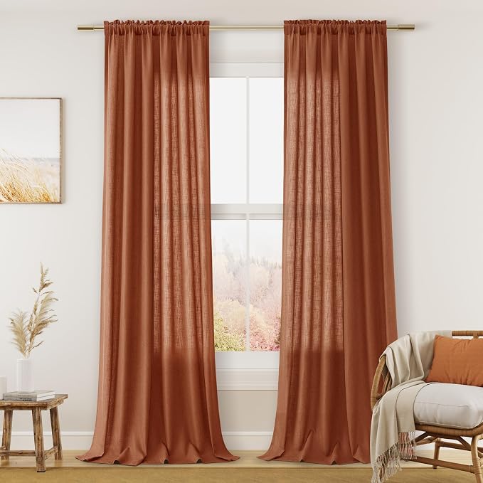 Terracotta Linen Curtains 108 Inch Length for Living Room Bedroom 2 Panels Set Rod Pocket Light Filtering Semi Sheer Window Curtains 52 Inch Width Boho Farmhouse Linen Drapes, W52xL108