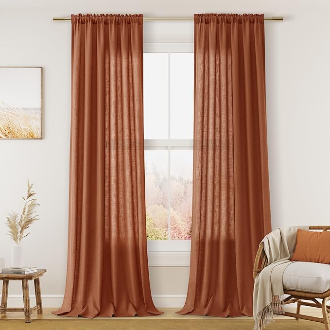 Terracotta Linen Curtains 96 Inch Length for Living Room Bedroom 2 Panels Set Rod Pocket Light Filtering Semi Sheer Window Curtains 52 Inch Width Boho Farmhouse Linen Drapes, W52xL96