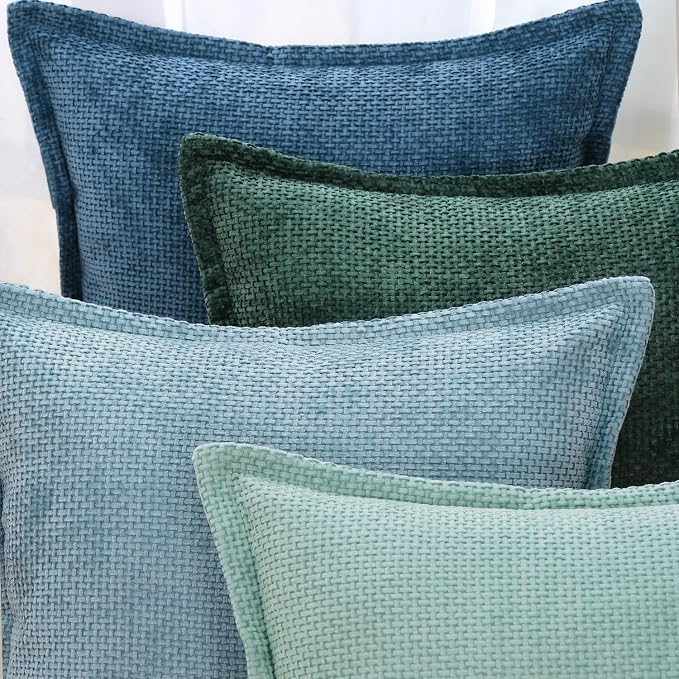 MADIZZ Decorative Chenille Velvet Throw Pillow Covers Set of 2 Soft Boho Textured Neutral Couch Throw Pillow for Bed Modern Farmhouse Home Decor for Sofa Livingroom Dark Green 16x16 Inch