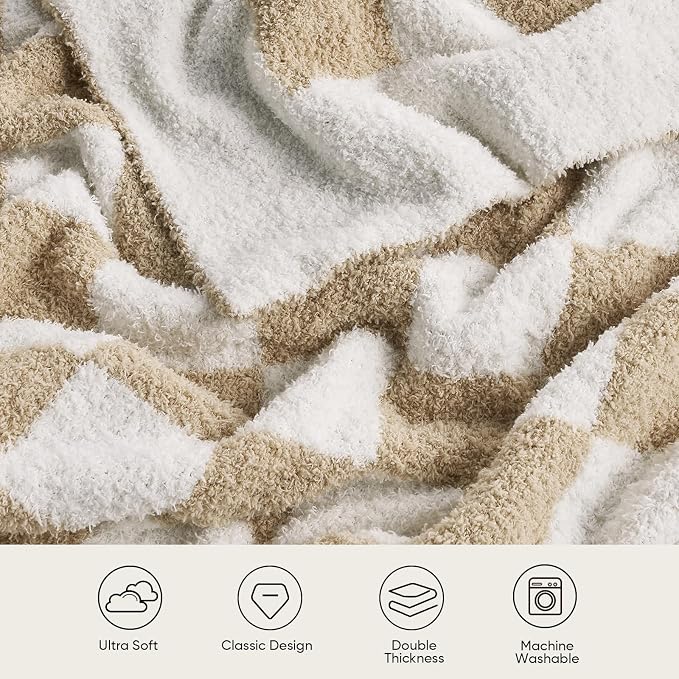 Snuggle Sac Checkered Bedding Blanket Twin Size 60x80, Super Soft, Cozy Warm Knit Blankets, Reversible Breathable Lightweight Fluffy Throws for Sofa, Bed, Checkered Beige, 60x80 Inches