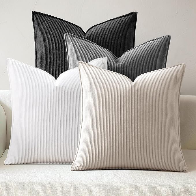Pack of 4 Throw Pillow Covers Corduroy 18x18 Inch,Grey Black | Decorative Velvet Couch,Summer Cases Square,Farmhouse Boho Cushion Covers for Sofa Bed Living Room Home Decor & Office