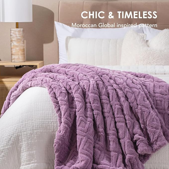 EverGrace Jacquard Reversible Sherpa Throw Blanket, 60" x 80", Mauve Purple | Jacquard Sherpa Throw Blanket, Super Soft, Cozy Plush Blanket, Reversible Thick Warm Throw for Bed, Sofa, Living Room