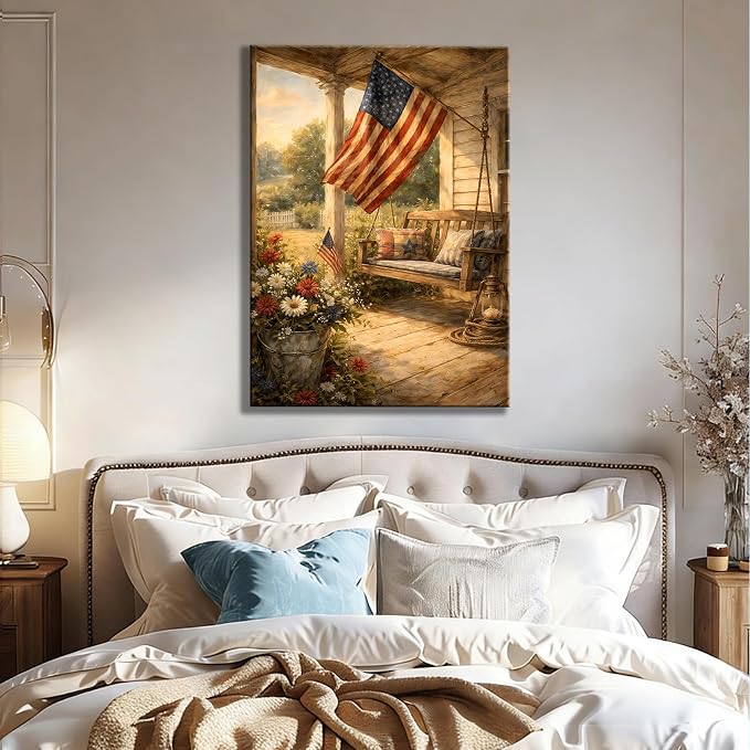 RIBNTAK Americana Canvas Wall Art, Vintage USA Flag Porch Swing Pictures Rustic Patriotic Artwork for Farmhouse Decor, Cozy Independence Day Decorations for Living Room Entryway Bedroom