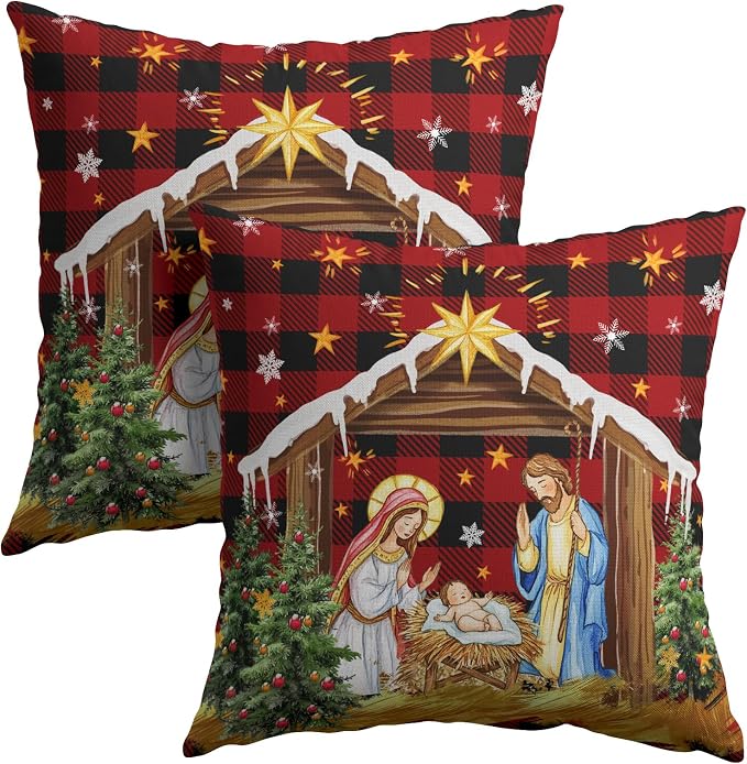 Jesus Nativity Throw Pillow Cover 16x16 Inch Set of 2 Xmas Red Buffalo Plaid Pillow Case Christma O Holy Night Winter Holiday Cushion Case for Home Living Room Couch Sofa Decor