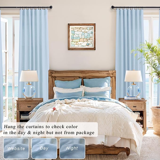 Pitalk Light Blue Curtains 84 Inch Length for Living Room Dining 2 Panel Back Tab Pocket Pleated Semi-Sheer Linen Coastal Drapes Pale Blue Curtain for Nursery Boy Bedroom Baby Pastel Blue 52x84 Long