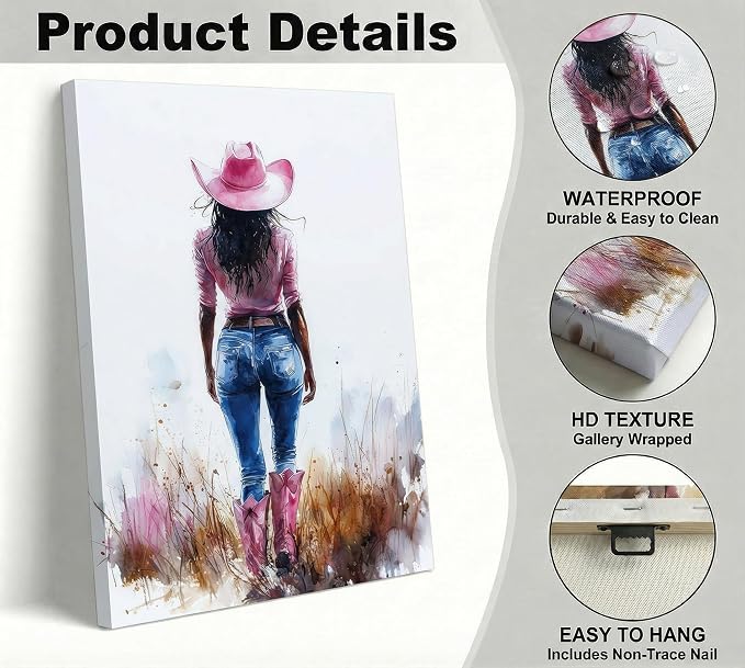 Pink Black Girl Canvas Wall Art Fashion Cowgirl Wall Decor Picture | West African American Girl Wilderness Cowgirl for Print Teen Girls Room Preppy Dormitory Bedroom Artwork Home Decoration