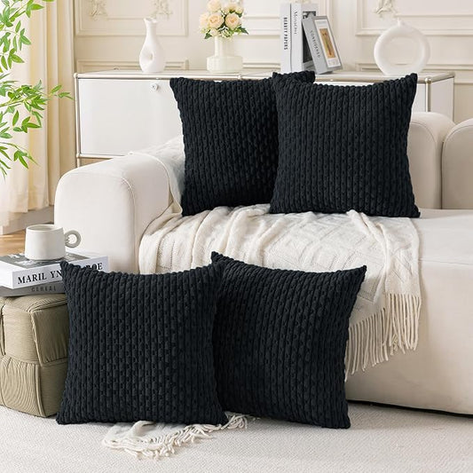 Set of 4 Black Decorative Throw Pillow Covers 22x22 Inch Corduroy Pillow Covers for Bed Couch Sofa Living Room Soft Square Cushion Cases