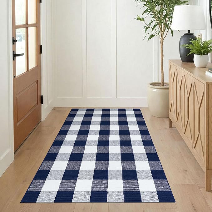 KILOCOCO Buffalo Plaid Checkered Rug 3x5 ft Blue and White Front Door Rug | Machine Washable Front Porch Rug, Outdoor Indoor Entryway Rug, Cotton Layered Doormat, Low Pile Rugs for Kitchen Patio