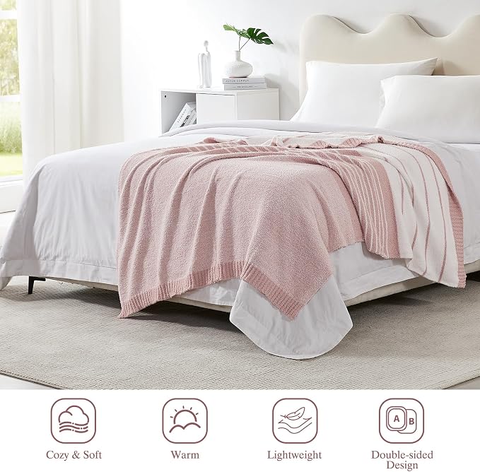 Soft Striped Throw Blanket for Couch, Cozy Warm Knitted Blankets | Lightweight Fuzzy Travel Warm Decor for Women, Mom, Girls, Sofa, Chair, 50x60in, Pink White