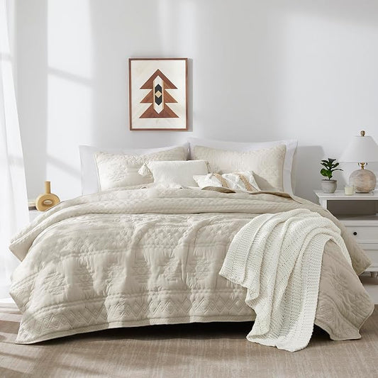 WDCOZY Beige Boho Twin Quilt Size Bedding Set with 1 Pillow Sham, Farmhouse Lightweight Soft Bedspread Coverlet for All Season, 2 Pieces, 68x90 inches