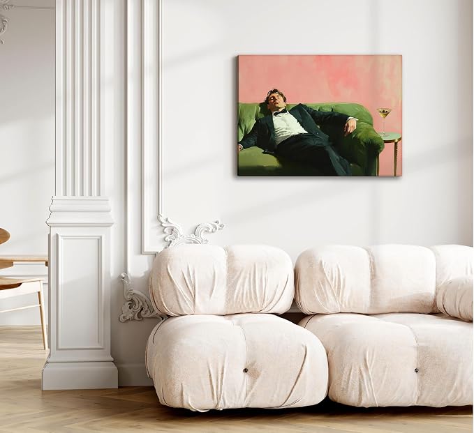 Vintage Man Canvas Wall Art Funky Victorian Men on Couch with Martini Picture Wall Decor Eclectic Cocktail Poster Trendy Bar Cart Decor Painting Print Artwork for Bar Kitchen Dining Room Decor, Framed