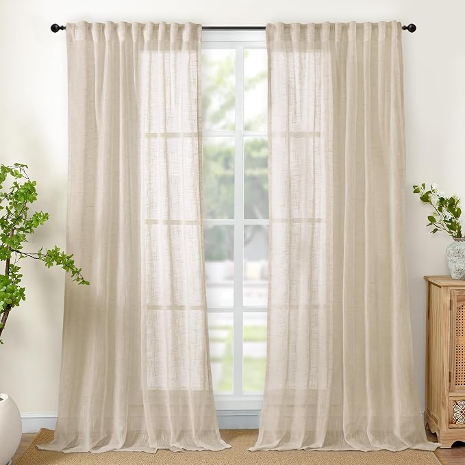 YoungsTex 95 Inch Length Linen Curtains for Living Room - Light Filtering Natural Drapes Semi Sheer with Rod Pocket Back Tab Privacy for Bedroom Windows, Oatmeal, 2 Panels, 52 X 95 Inch