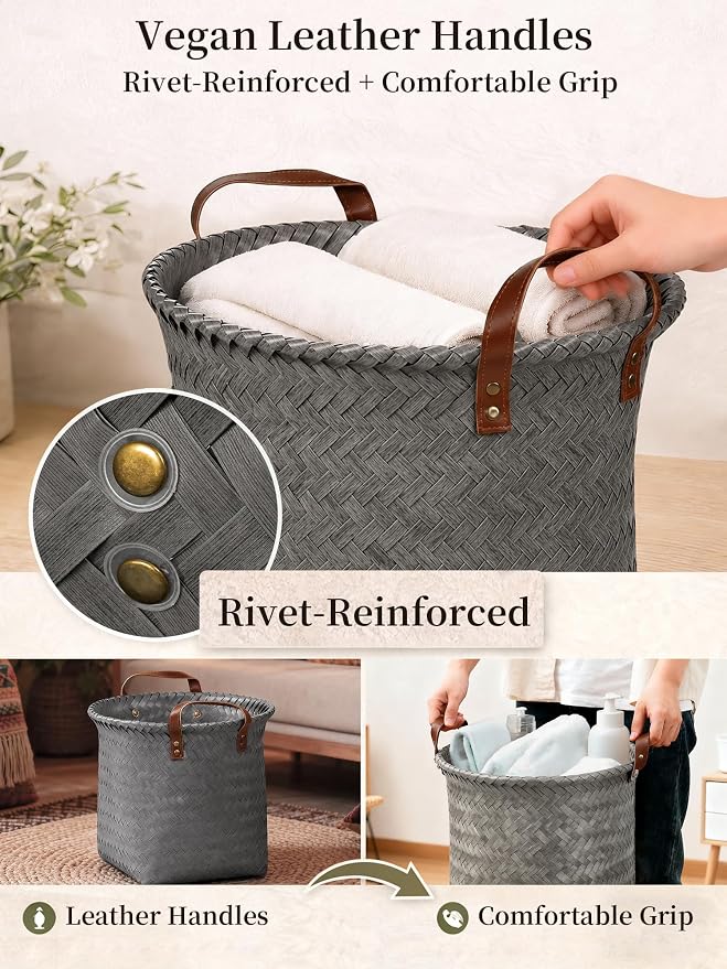 Wicker Storage Baskets, 4 Pack Woven Baskets for Shelves, Grey | PP Rattan, Water-resistant Wicker Basket, Large Baskets with Faux Leather Handles for Blanket, Laundry Organizer, Room Decor