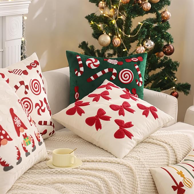 Christmas Throw Pillow Covers 18x18 inch Set of 2 Red Bows