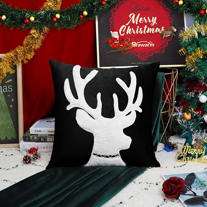 BRAWARM Christmas Pillow Cover 20 X 20 Inches, Black Reindeer Embroidered Pillow Cover, Soft Velvet Decorative Throw Pillow for Couch Bed Sofa Living Room Home