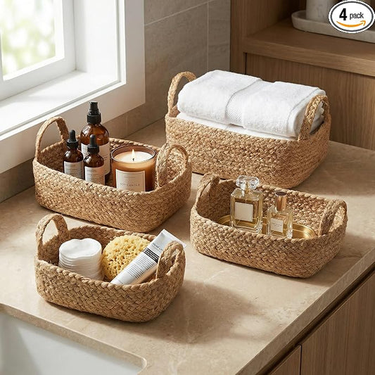 Beautiful Storage Basket Set of 4 - Natural Jute Rope Baskets for Shelves | Perfect for Organizing Your Home - Quality Storage Bins Easily Fit with Any Nursery or Bedroom Decor
