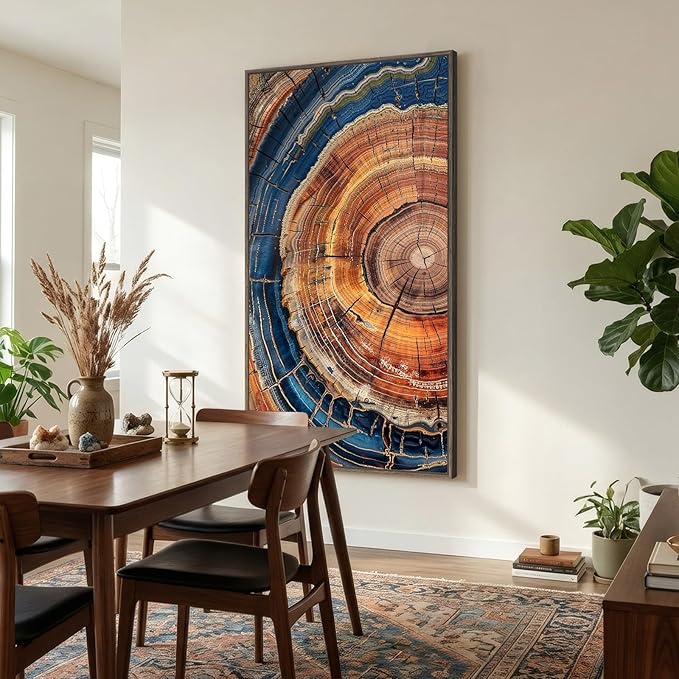 Large Framed Vertical Vintage Tree Ring Wall Art for Living Room, 30x60 In | Rustic, Farmhouse, Nature, Wood grain, Large, Office wall art, Foyer wall decor, Ready to hang, Wood frame, Canvas artwork