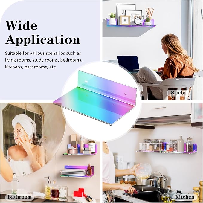 Sezanrpt 9 Inches Iridescent Floating Shelves Acrylic, White Wall Shelves for Living Room Décor, Bedroom, Bathroom, Kitchen, Dining Room, Brand Store, Retails, Gaming Room, 2 Pack