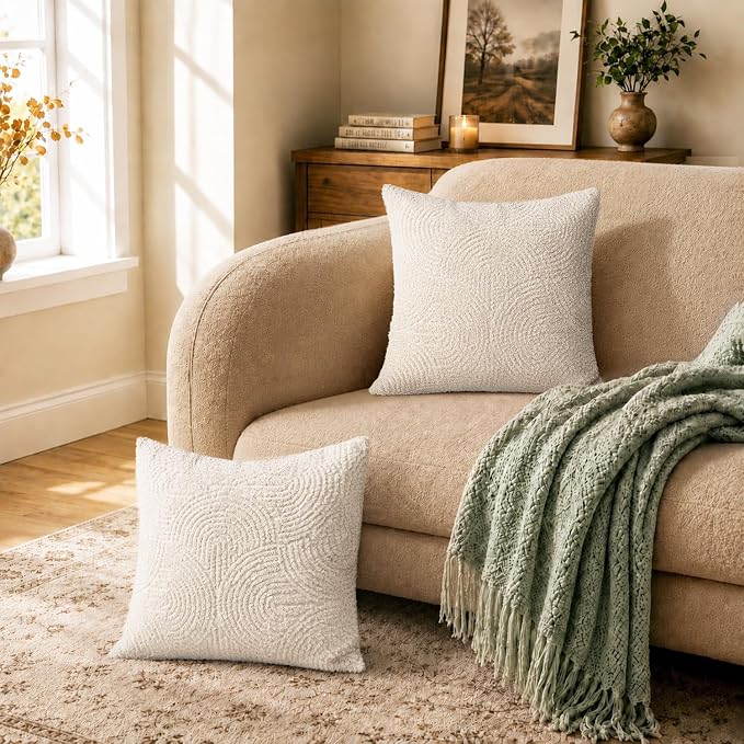 AELS Boho Decorative Textured Throw Pillow Covers 18x18, Modern Mid Century Rainbow Tufted Pillow Case, Farmhouse Rustic Geometric Woven Cushion Case for Bed Couch Sofa, Creamy White