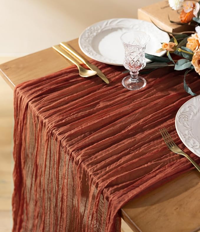 Vitalizart Cheesecloth Table Runner Terracotta 10ft Gauze Boho Rustic | 120 Inches Long Burnt Orange Soft Durable Cheese Cloth Table Runner for Wedding Baby Shower Fall Thanskgiving Decoration