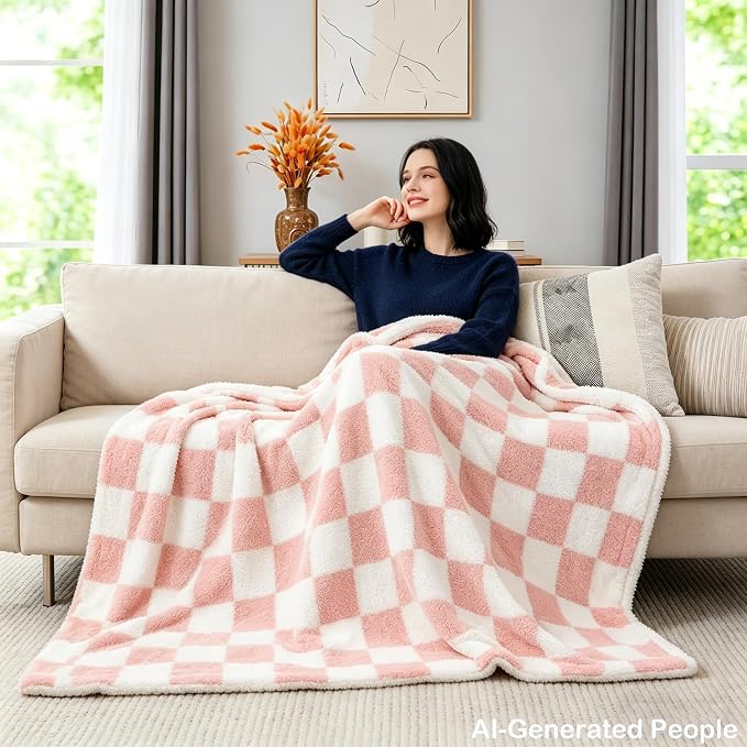 MERRYLIFE Checkered Plaid Sherpa Throw Blanket for Couch Bed Pink 60" 70" | Microfiber fabric, Decorative, Knitted, Checkerboard Grid Pattern, Ultra-Plush Soft, Fuzzy Cozy, Gift Choice, Machine Wash