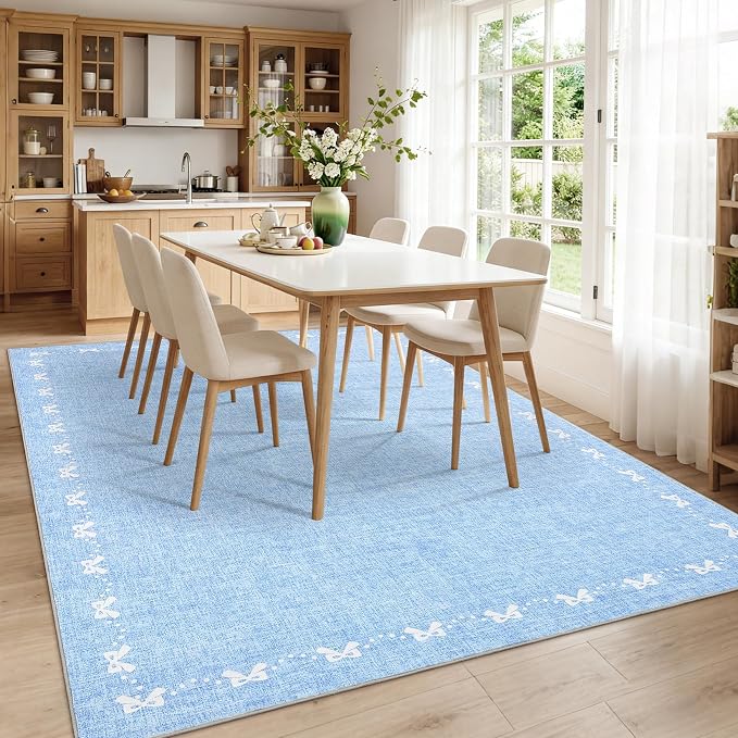 COZYLOOM 4x6 Bow Printed Washable Rug for Entryway Indoor, Modern Bordered Living Room Rug with Non Slip Backing, Stain Resistant Non Shedding Solid Color Area Rugs for Bedroom, Dining Room, Blue