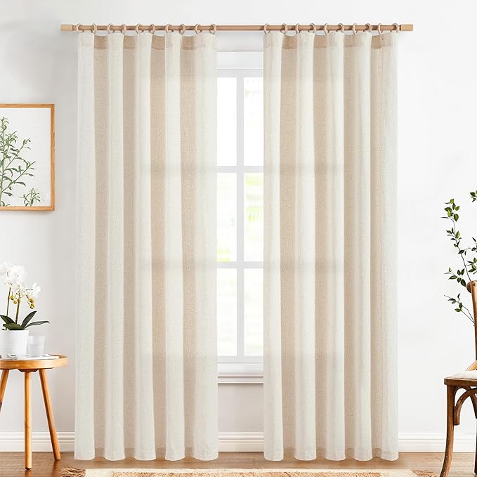 jinchan Linen Curtains Light Filtering Back Tab 50x84 Inch 2 Panels Beige | Semi Sheer Curtains 84 inch length for Bedroom Living Room, Modern Farmhouse Drapes with Rod Pocket, Natural Boho Curtains