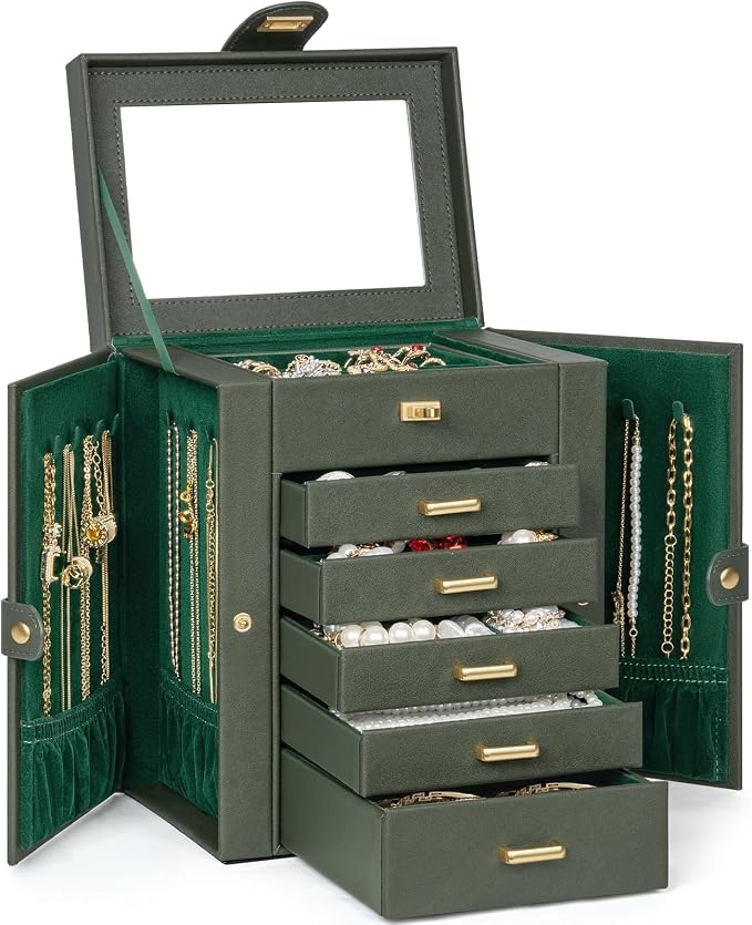 AKOZLIN 6-Tier Jewelry Box Organizer Functional 5 Drawers Leather Jewelry Storage Case for Women Girls Ring Necklace Earring Bracelet Holder Organizer with Mirror DrakGreen Regular