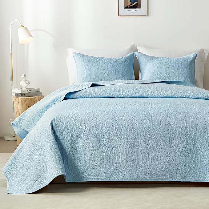 akkialla Twin Quilt Bedding Set,Sky Blue Ultrasonic Quilt Set,Lightweight Soft Bedspread Coverlet,Modern Style Coin Pattern Bed Cover for All Seasons,2 Piece(1 Quilt,1 Pillow Sham)
