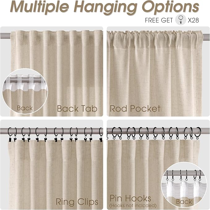 Extra Long Linen Curtains 108 Inches for Living Room Back Tab Semi Sheer High Floor to Ceiling 9ft Light Filtering Curtain Boho Farmhouse Decor Window Drapes for Bedroom 2 Panels Birch Beige