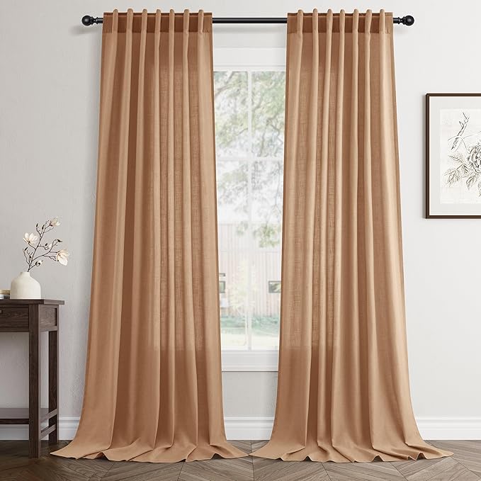 Jowels Camel Linen Curtains 84 Inch Long 2 Panels for Living Room | Light Filtering Semi Sheer Curtain, Back Tab Pocket Pleated Look, Boho Farmhouse Textured Privacy Drapes for Bedroom Window