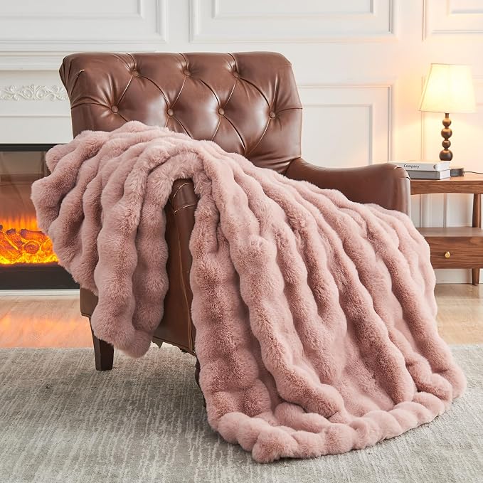 NEWCOSPLAY Faux Fur Thick Bubble Twin Blanket for Couch, Pink, 60"x80" | Luxury Fluffy Thick Warm Bubble Blanket for Couch Sofa Bed 1000GSM, Soft Plush Cozy Decorative Throw, Gift for Women Men