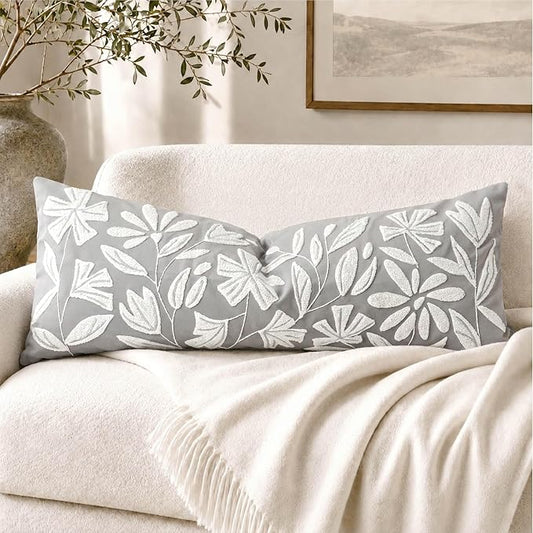 BlissBlush Long Lumbar Pillow Cover 14x36 for Bed, Light Gray Floral Tufted Velvet Accent Oversize Throw Pillowcase for Bedroom, Cover Only