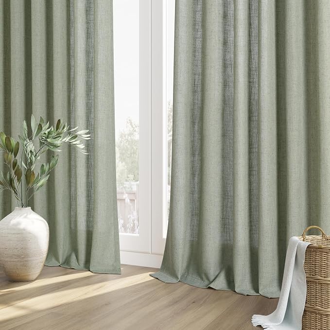 Sage Green Linen Curtains 90 Inch Length for Living Room Bedroom 2 Panels Set Rod Pocket Light Filtering Semi Sheer Window Curtains 52 Inch Width Boho Farmhouse Linen Drapes, W52xL90