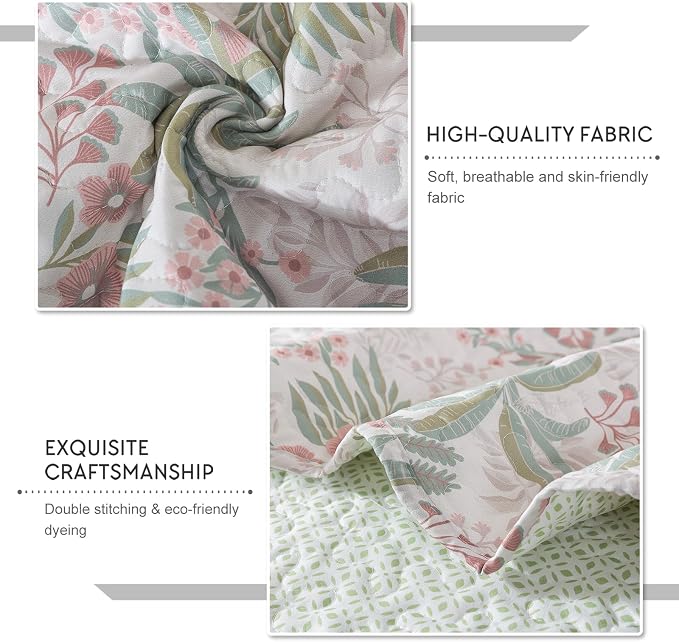 Travan Lightweight Coverlet Set 3-Piece Bedspread Quilt Set Garden Style Floral Printed Oversized Quilted Bedding Set with Shams for All Season, Exquisite, King Size