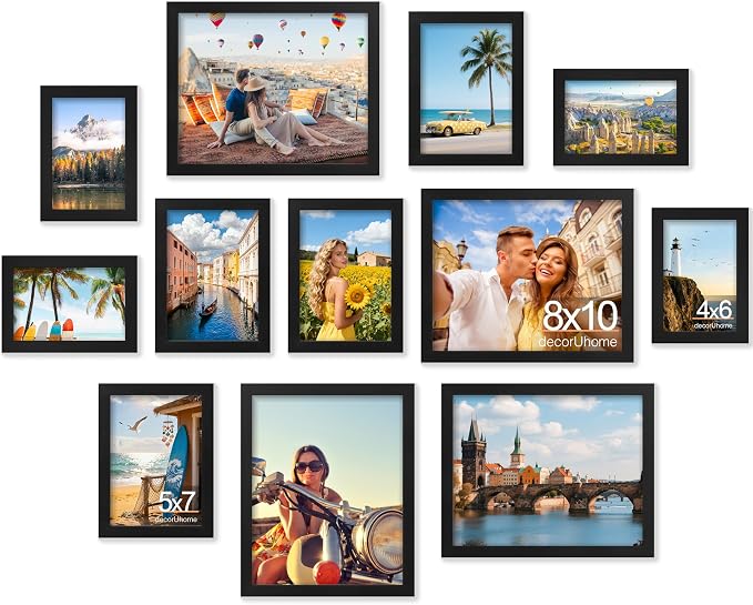 decorUhome 12 Pack Assorted Picture Frame Set for Wall & Tabletop, P0712BK | Black, Multi Size Picture Frame Includes Four 8x10 / Four 5x7 / Four 4x6 for Family Gallery Wall