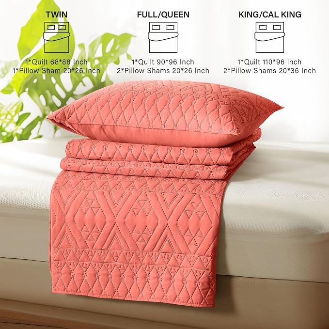 akkialla Full/Queen Size Quilt Bedding Set,Coral Lightweight Microfiber Soft Bedspread,Modern Style Geoetric Pattern Coverlet Set for All Seasons,3 Piece(1 Quilt,2 Pillow Shams)