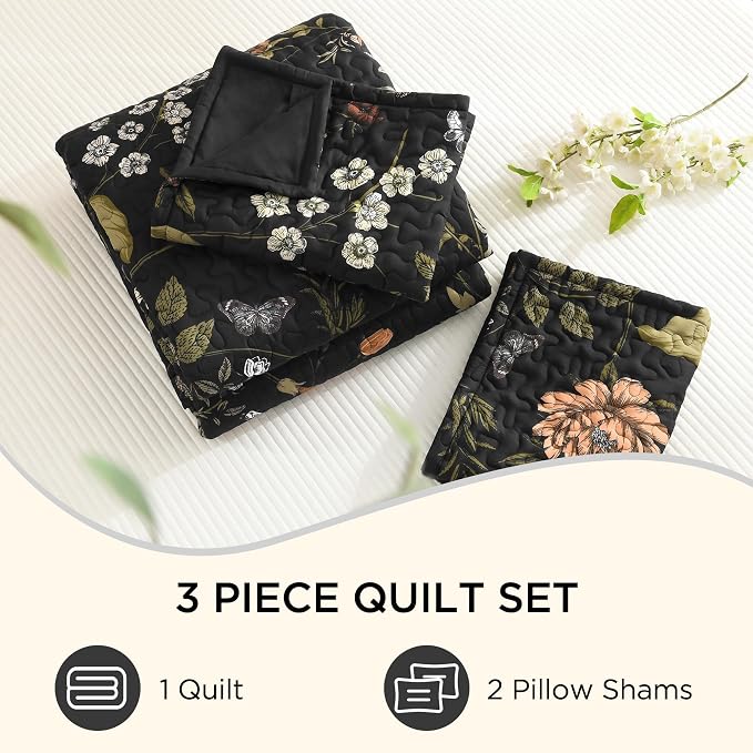 Litanika Floral Black Quilt Queen - 3Pcs Summer Boho Bedding Set | Bedspread Botanical Bird Lightweight Soft Coverlet with Red Flower for All Seasons (96"x90")