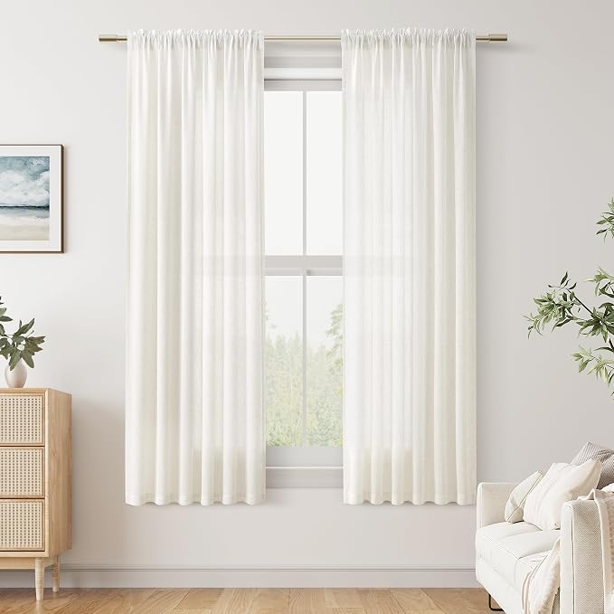 Linen Curtains 60 Inches Long for Living Room Natural Cream Semi Sheer Curtain Rod Pocket 2 Panels Set Boho Farmhouse Light Filtering Window Drapes for Bedroom Beige Ivory 52x60