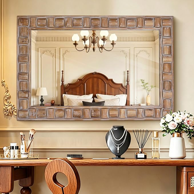 36x24 Inch Rustic Rectangle Wall Mirror | Solid Wood Frame Bathroom Vanity Mirror for Over Sink, Entryway, Living Room & Bedroom