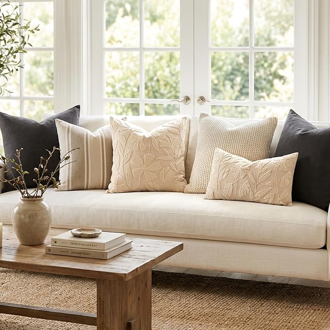 BlissBlush Decorative Lumbar Pillow Cover 12x20, Beige Neutral Accent Velvet Throw Pillowcase for Couch Sofa Living Room, Floral Tufted Rectangular Cushion, Cover Only