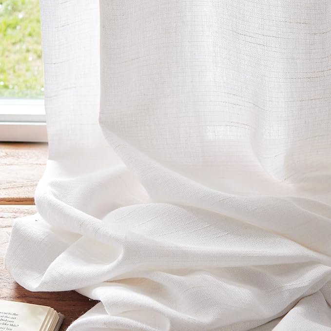 jinchan Linen Curtains Light Filtering Back Tab 100x108 Inch 1 Panel White | Semi Sheer Curtains 108 inch length for Bedroom Living Room, Modern Farmhouse Drapes with Rod Pocket, Natural Boho Curtains