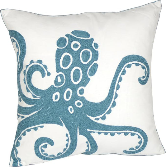 Embroidered Cute Nautical Animal Pillow Cover,Square 18 Inches Decorative Canvas Pillow Cover for Nautical Style Deco by (Seagreen-Octopus)