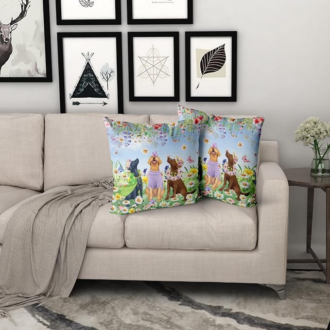Giwawa 2PCs Spring Dogs Throw Pillow Covers, 20"x20" Colorful Wildflowers Funny Puppy Decorative Square Pillow Cases, Watercolor Floral Animal Cotton Cushion Covers Sofa Porch Bedding Decor